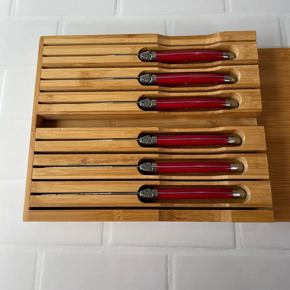 Laguiole Jean Dubost Steak Knife Set 6 Piece Red Handles French Stainless Steel